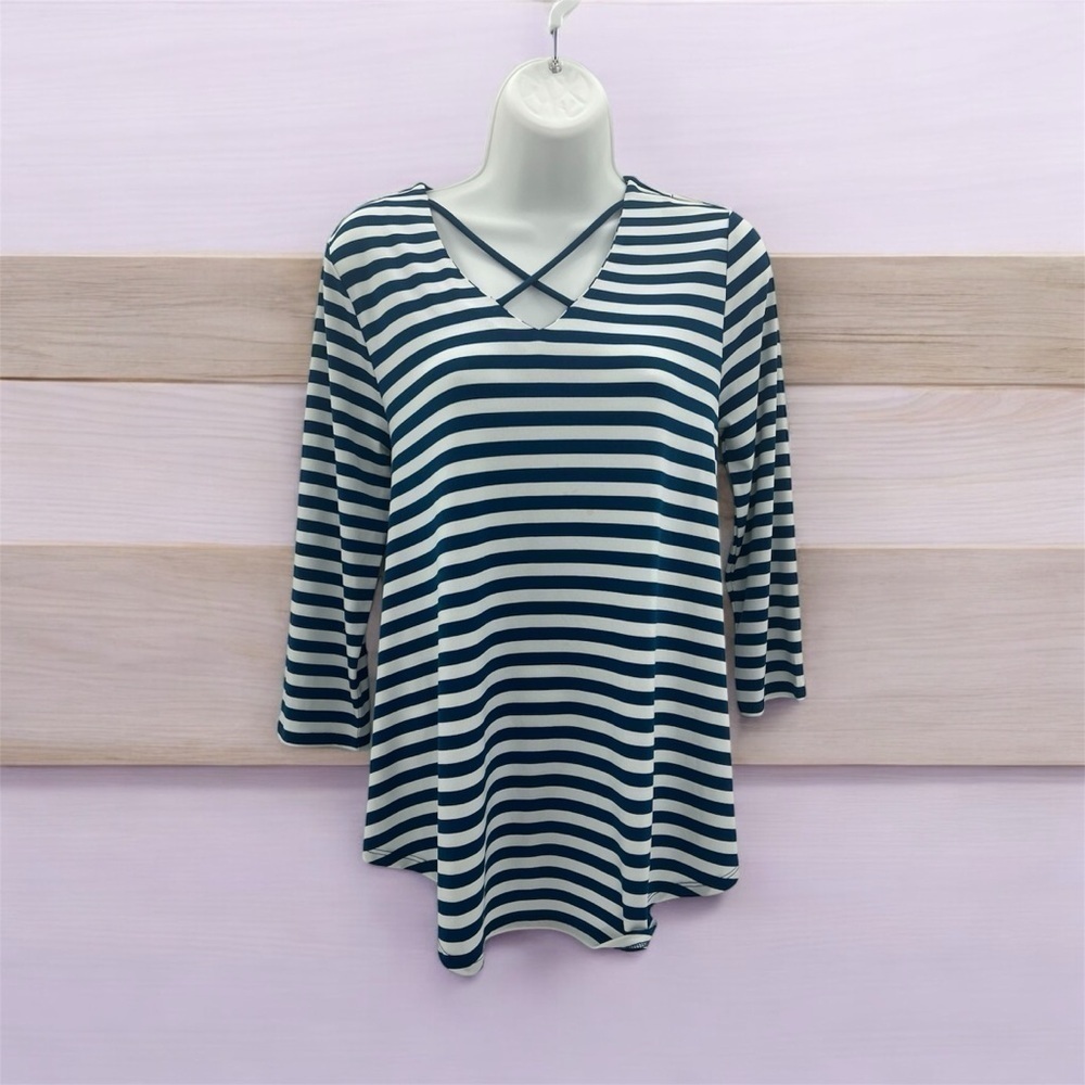 Chico's Blue & White Striped Criss-Cross Tunic Size 0 Good Pre-Owned Condition